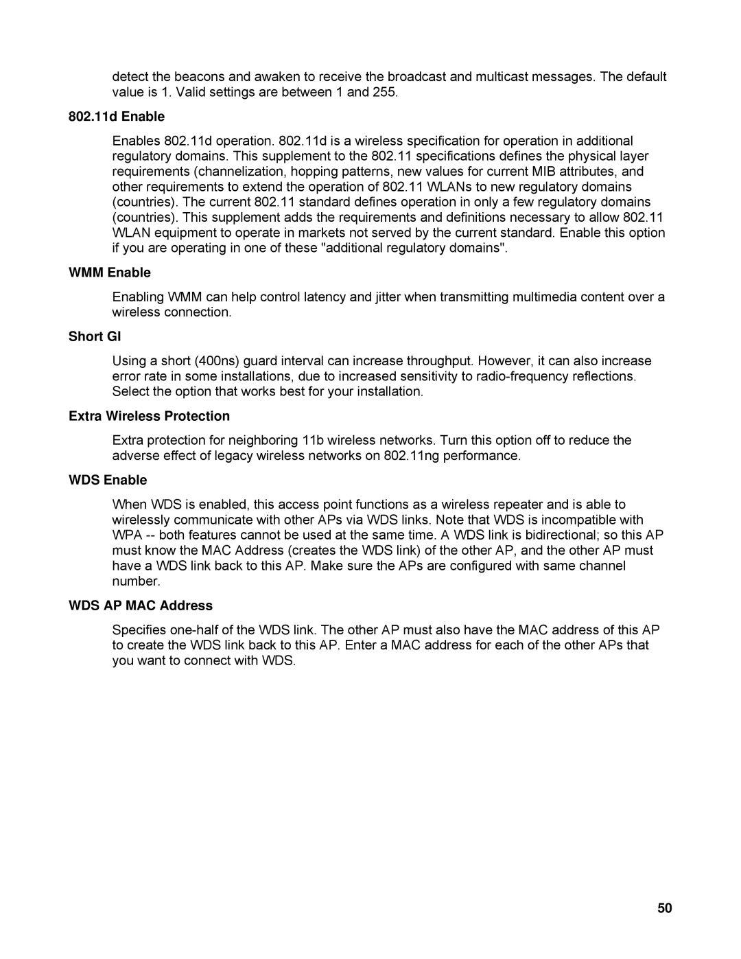 SMC Networks SMCWBR14-N 802.11d Enable, WMM Enable, Short GI, Extra Wireless Protection, WDS Enable, WDS AP MAC Address 