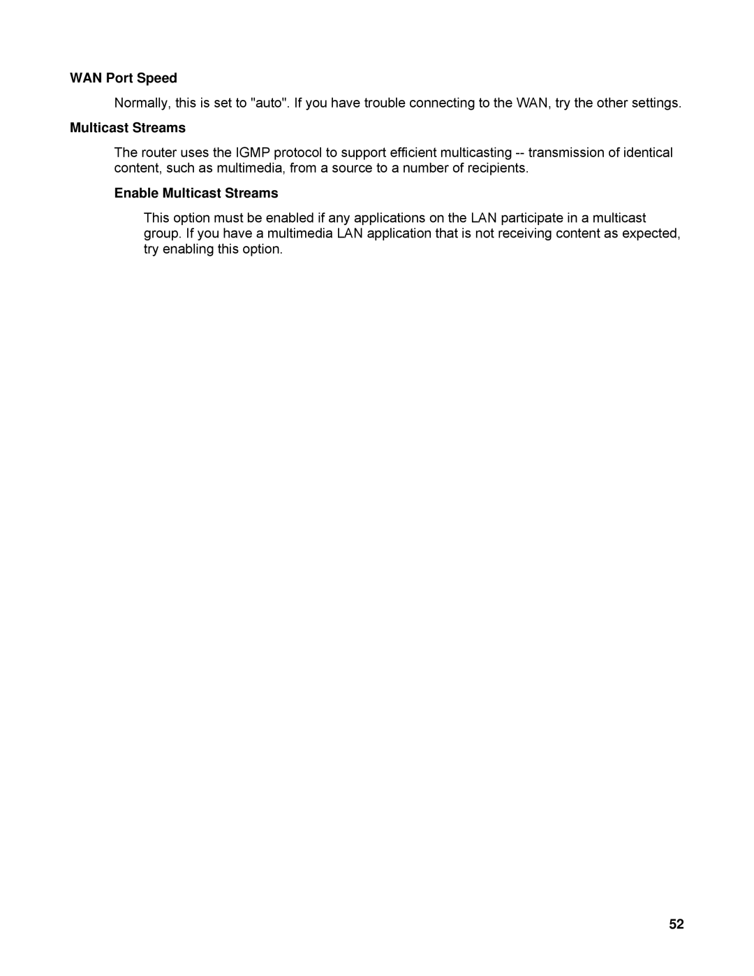 SMC Networks SMCWBR14-N manual WAN Port Speed, Enable Multicast Streams 