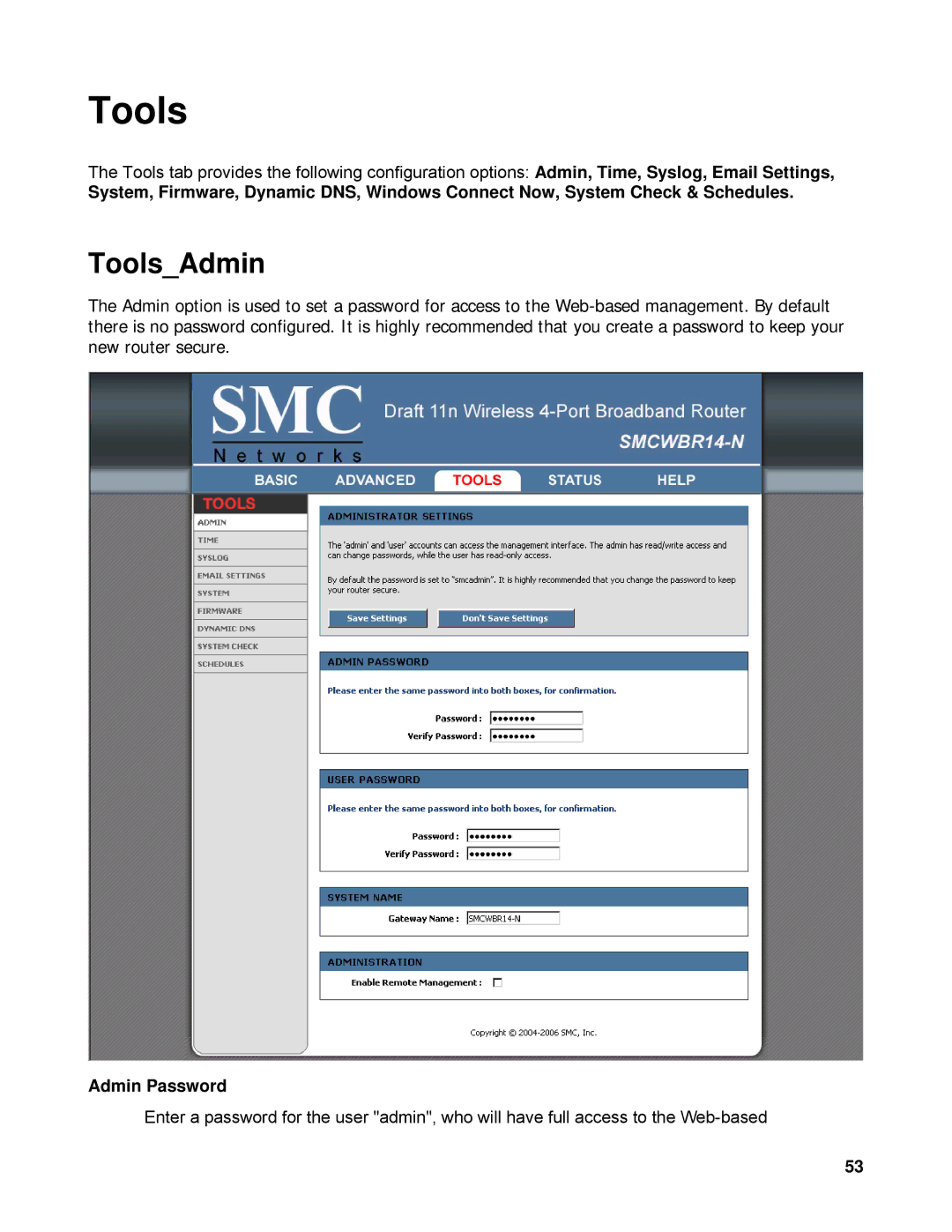 SMC Networks SMCWBR14-N manual ToolsAdmin, Admin Password 