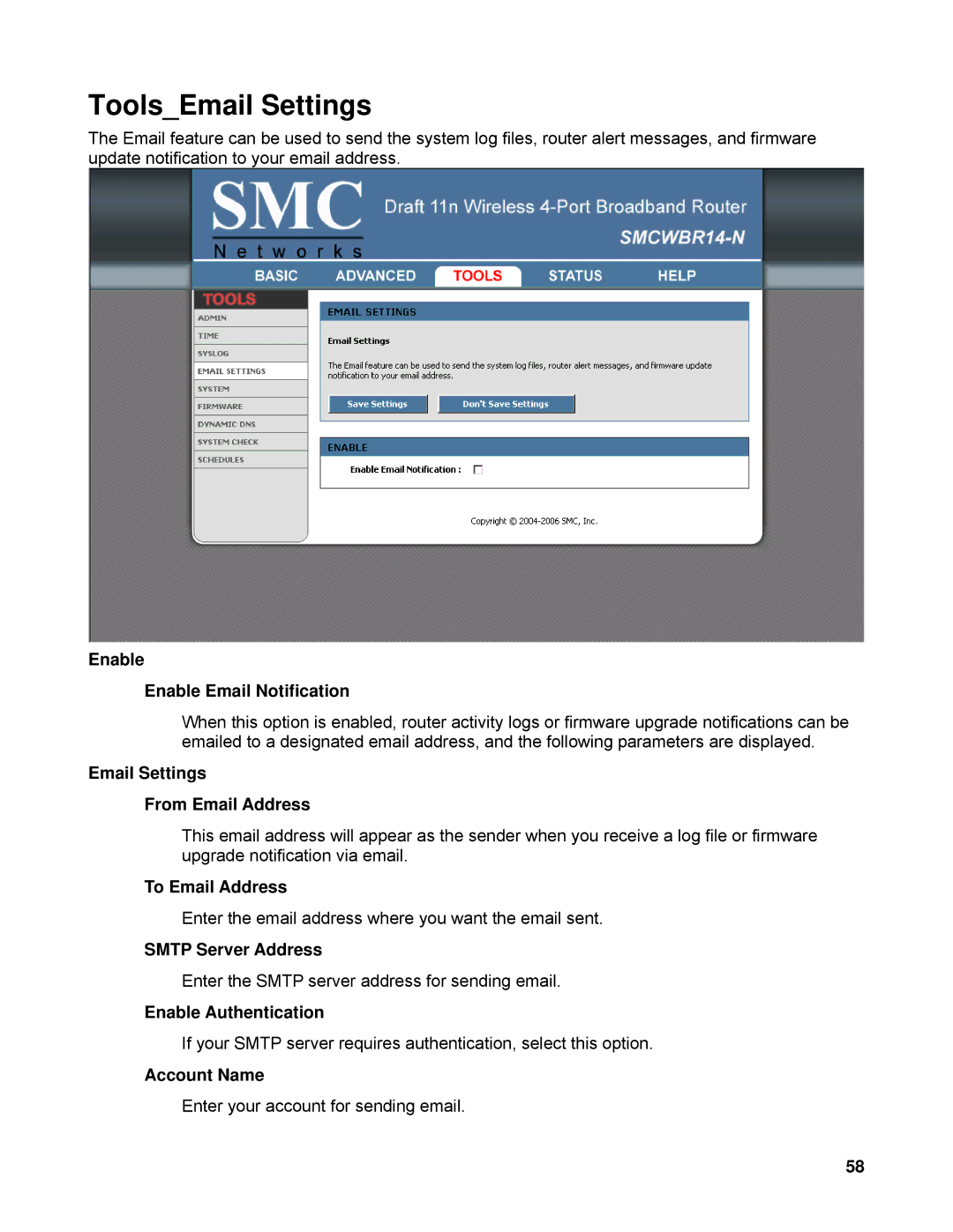 SMC Networks SMCWBR14-N manual ToolsEmail Settings 