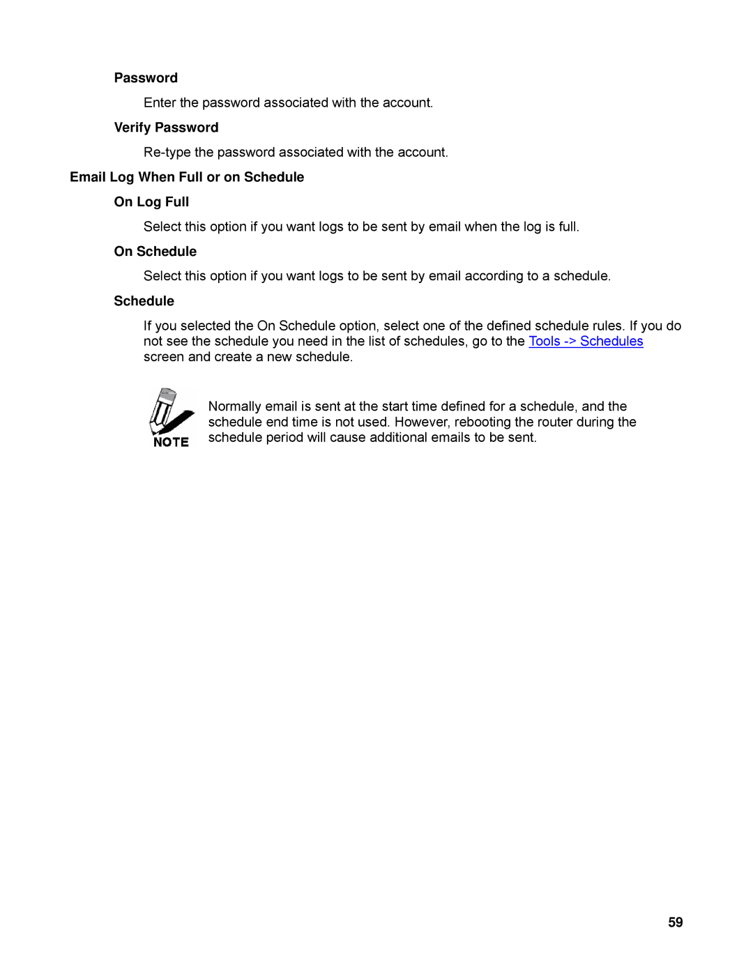 SMC Networks SMCWBR14-N manual Verify Password, Email Log When Full or on Schedule On Log Full, On Schedule 