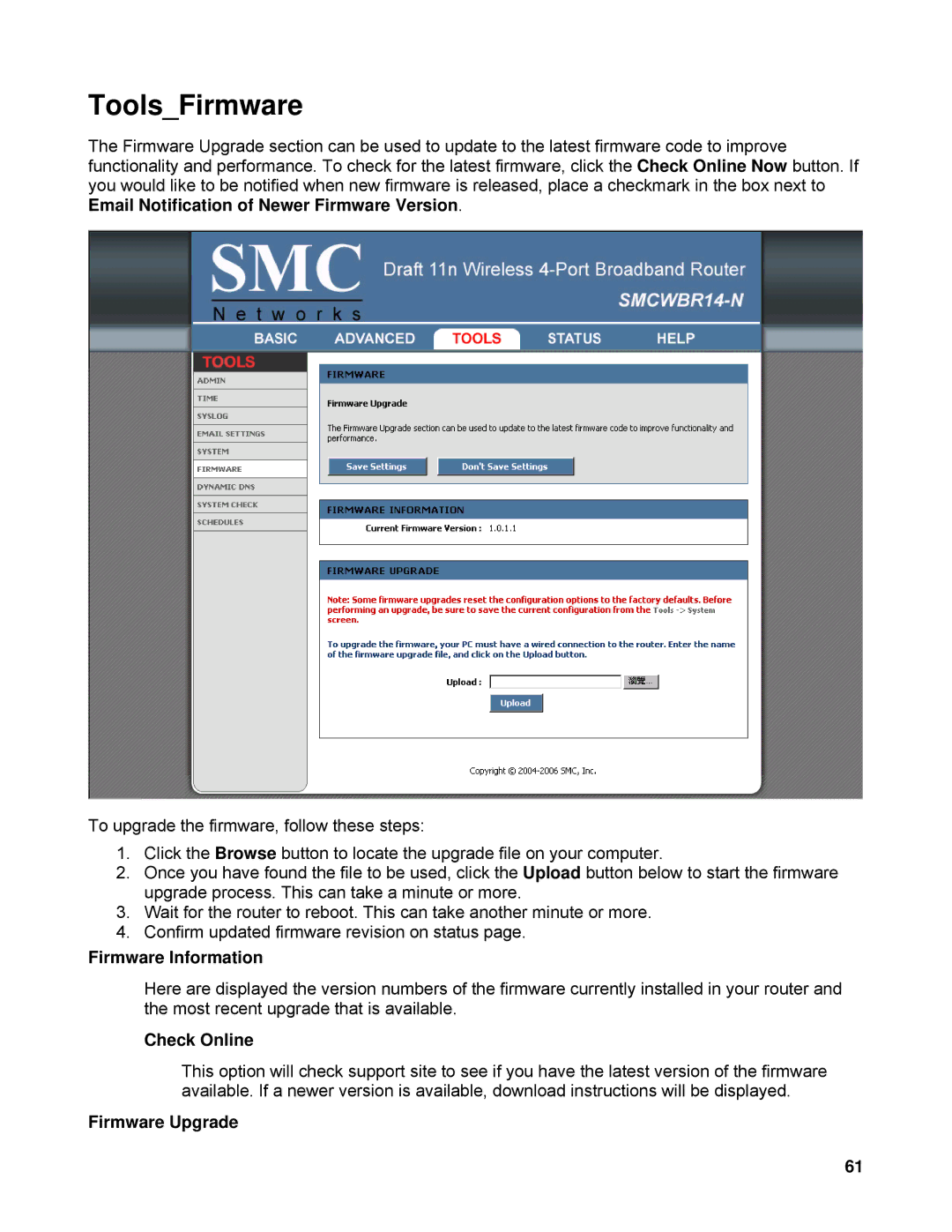 SMC Networks SMCWBR14-N manual ToolsFirmware, Firmware Information, Check Online, Firmware Upgrade 