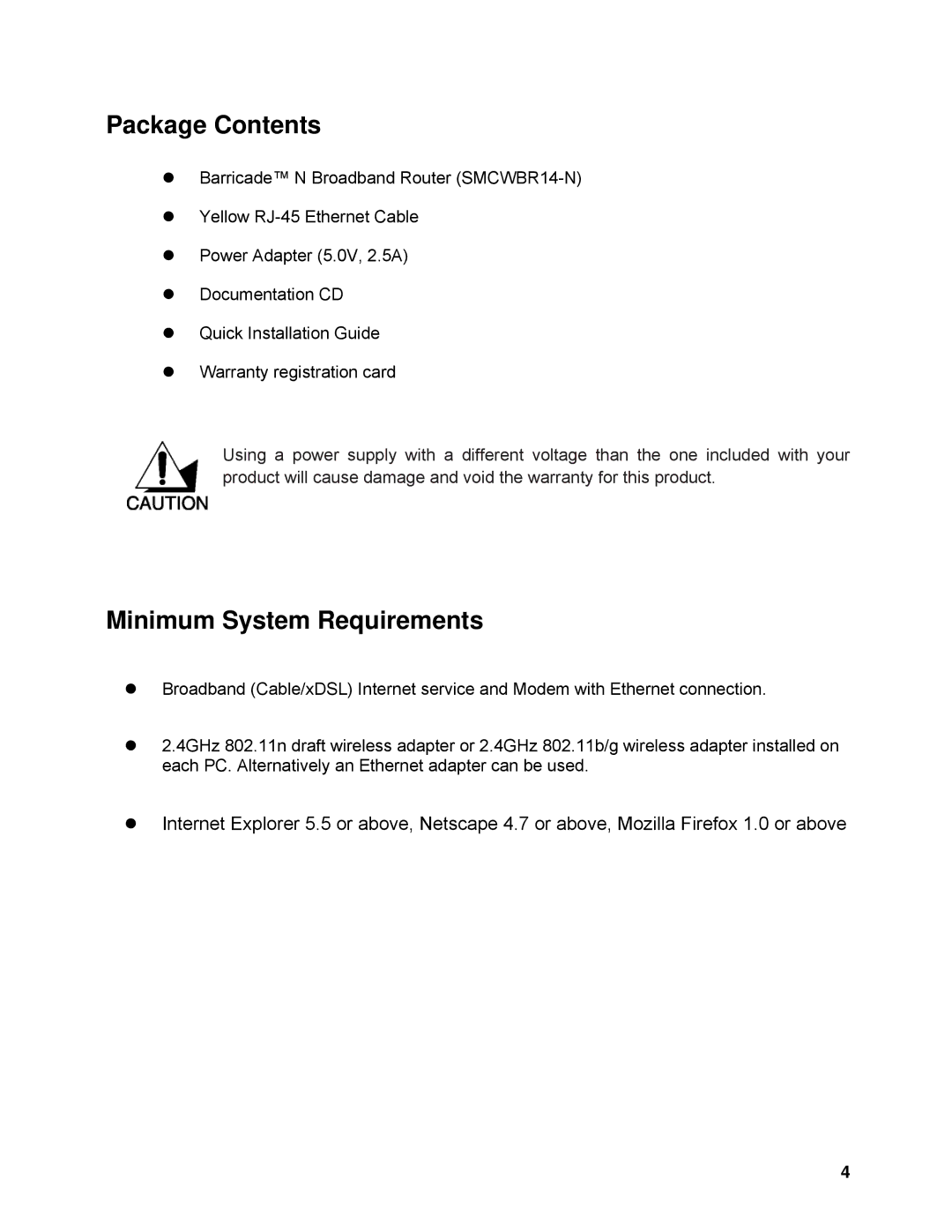 SMC Networks SMCWBR14-N manual Package Contents 