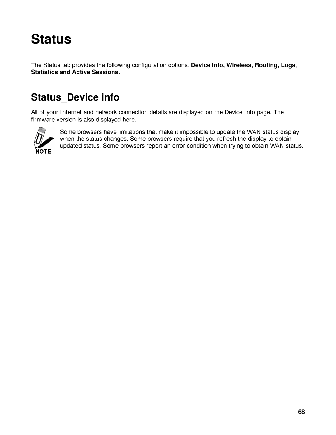 SMC Networks SMCWBR14-N manual StatusDevice info, Statistics and Active Sessions 