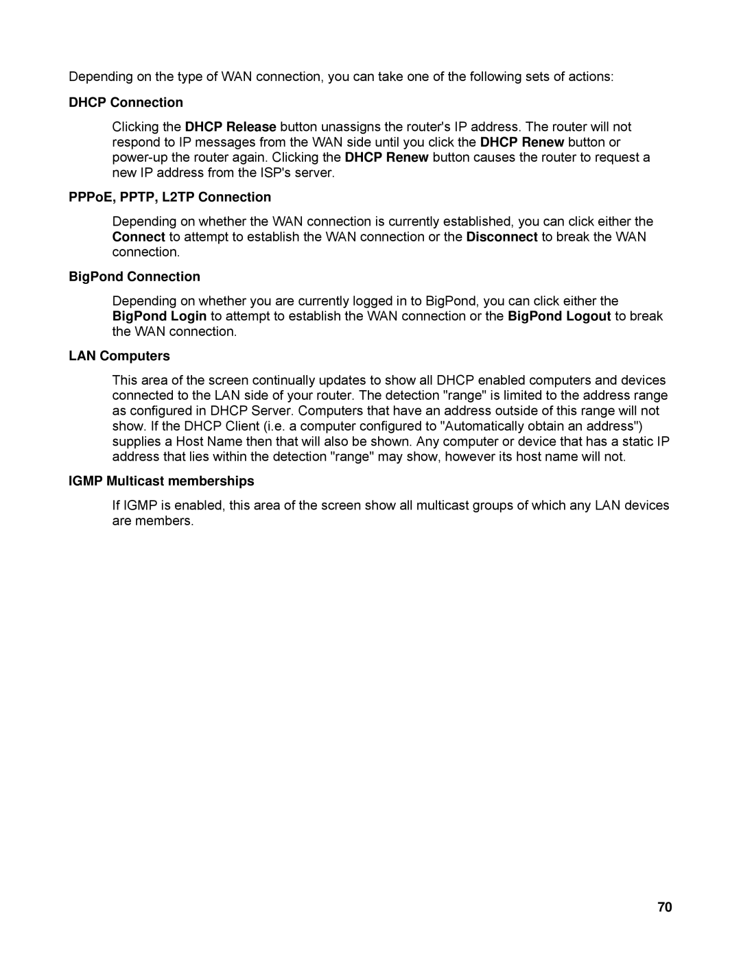 SMC Networks SMCWBR14-N manual Dhcp Connection, PPPoE, PPTP, L2TP Connection, BigPond Connection, LAN Computers 