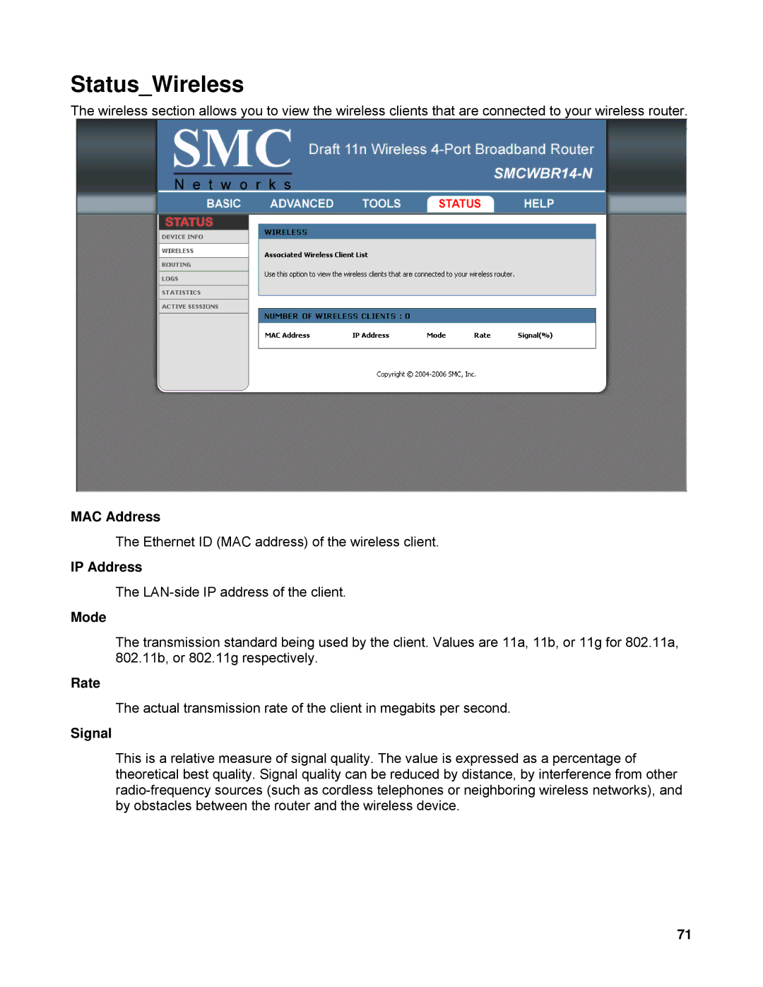 SMC Networks SMCWBR14-N manual StatusWireless, Rate, Signal 