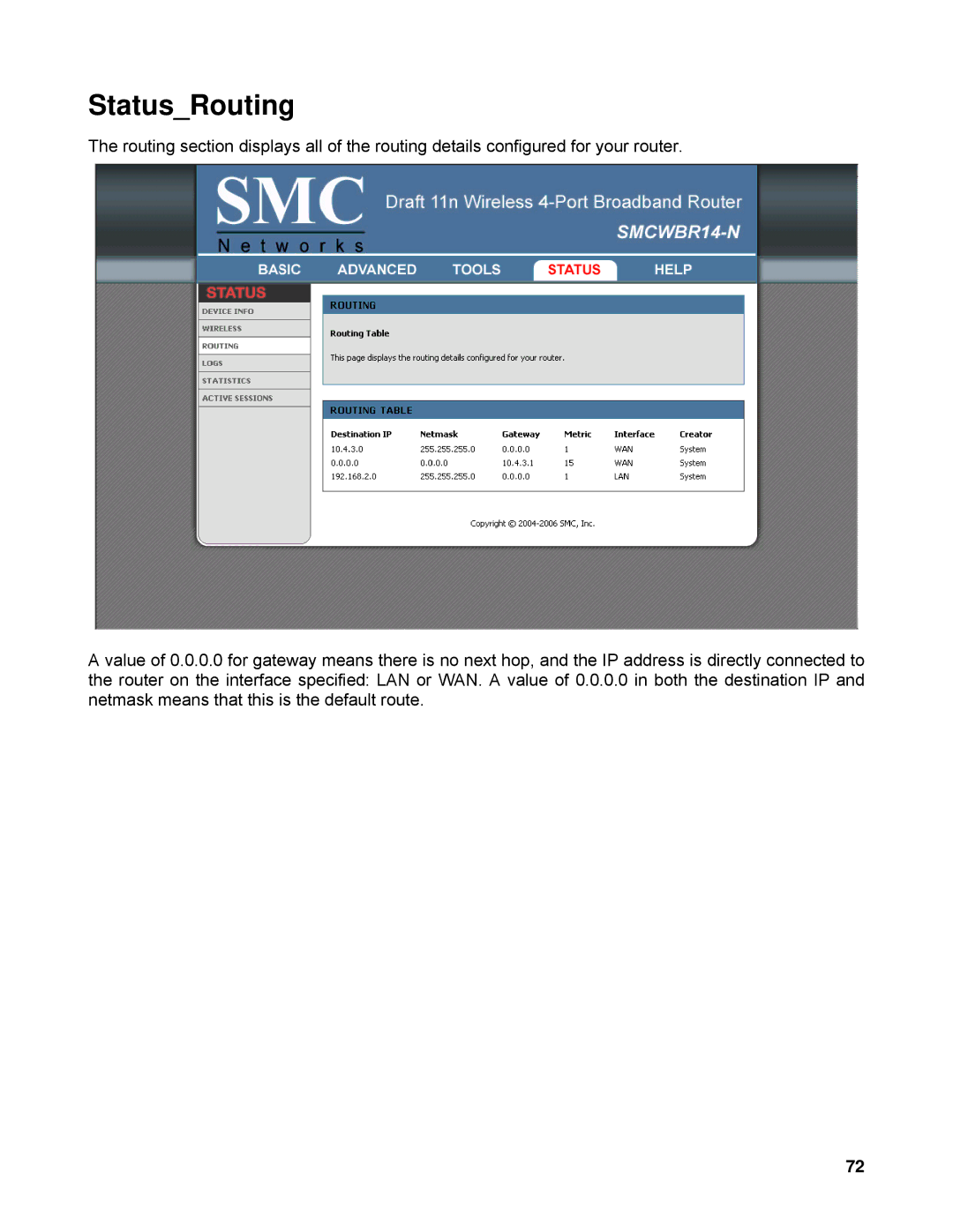 SMC Networks SMCWBR14-N manual StatusRouting 