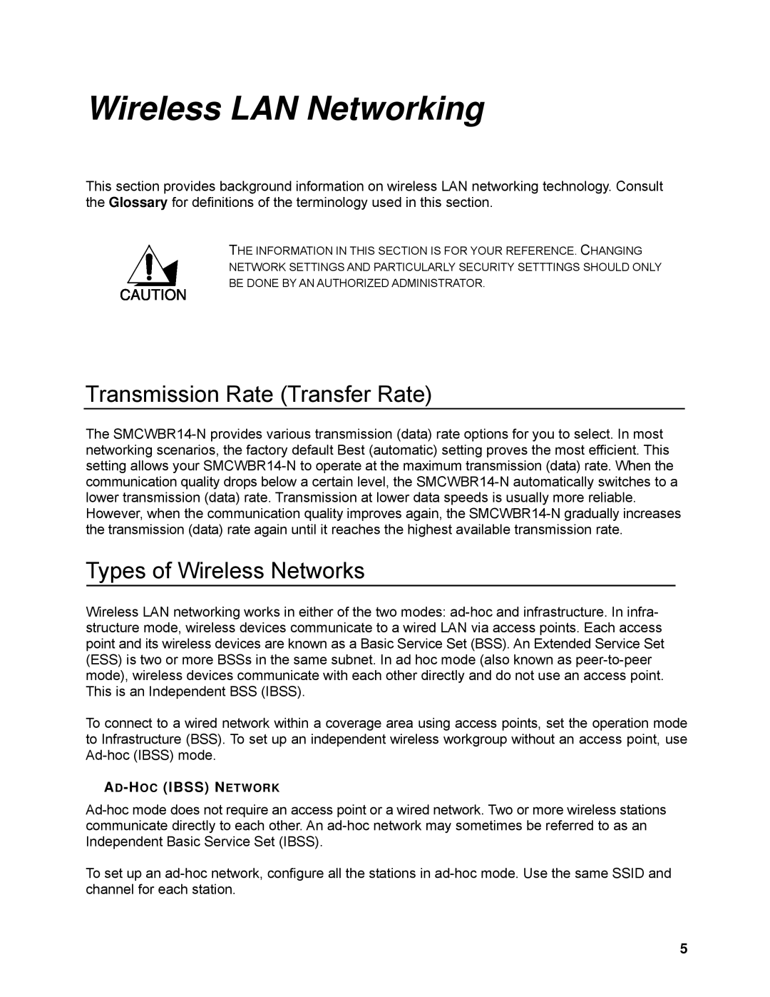 SMC Networks SMCWBR14-N manual Wireless LAN Networking, AD-HOCIBSS Network 