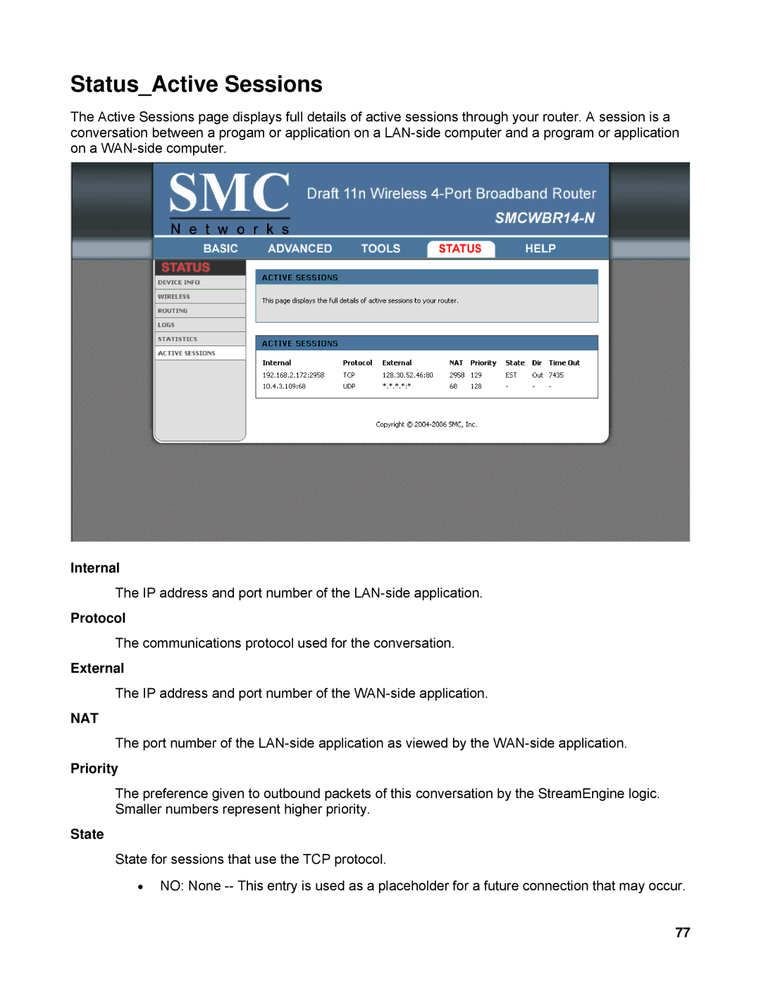 SMC Networks SMCWBR14-N manual StatusActive Sessions, Internal, External, Nat, State 