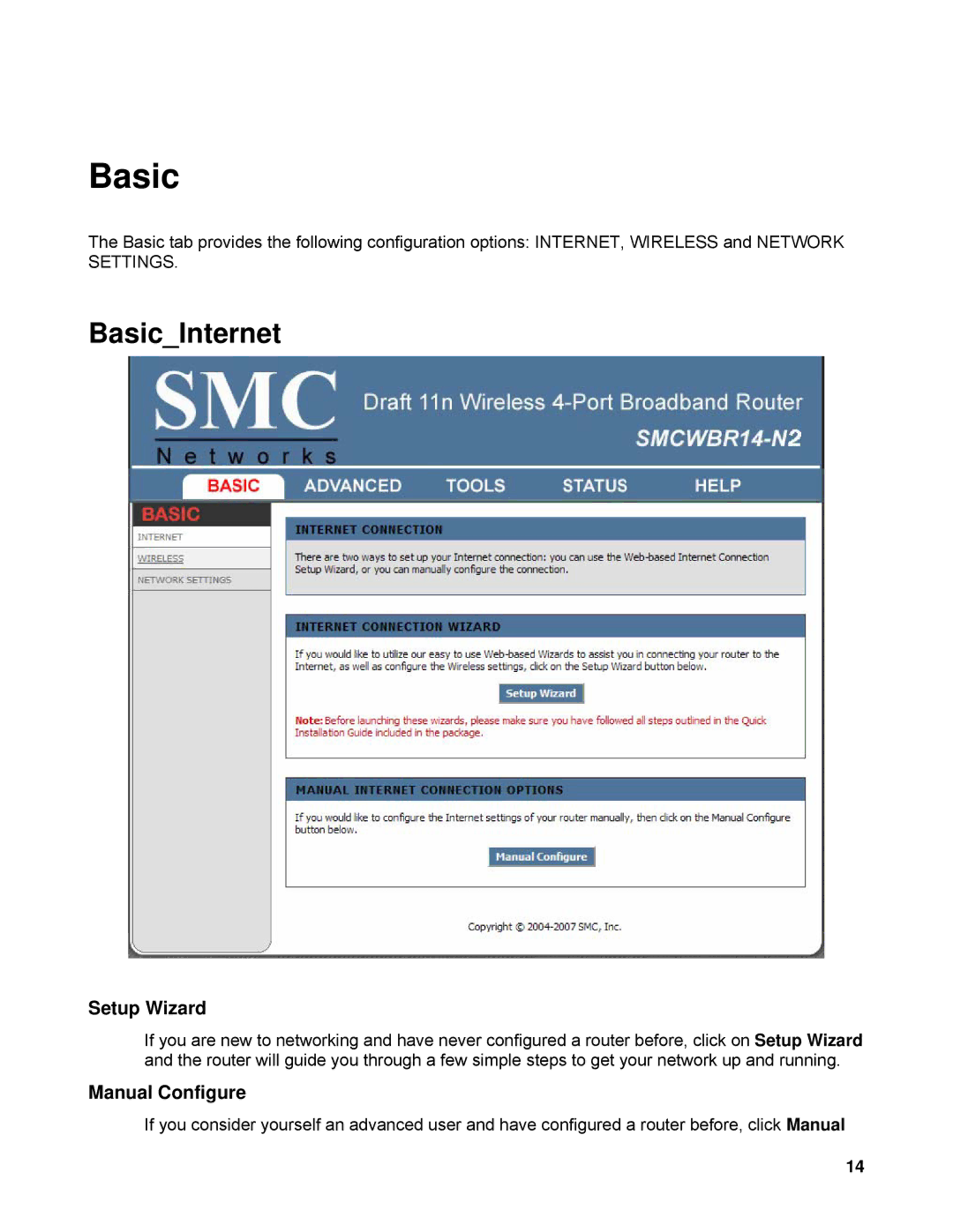 SMC Networks SMCWBR14-N2 manual BasicInternet 