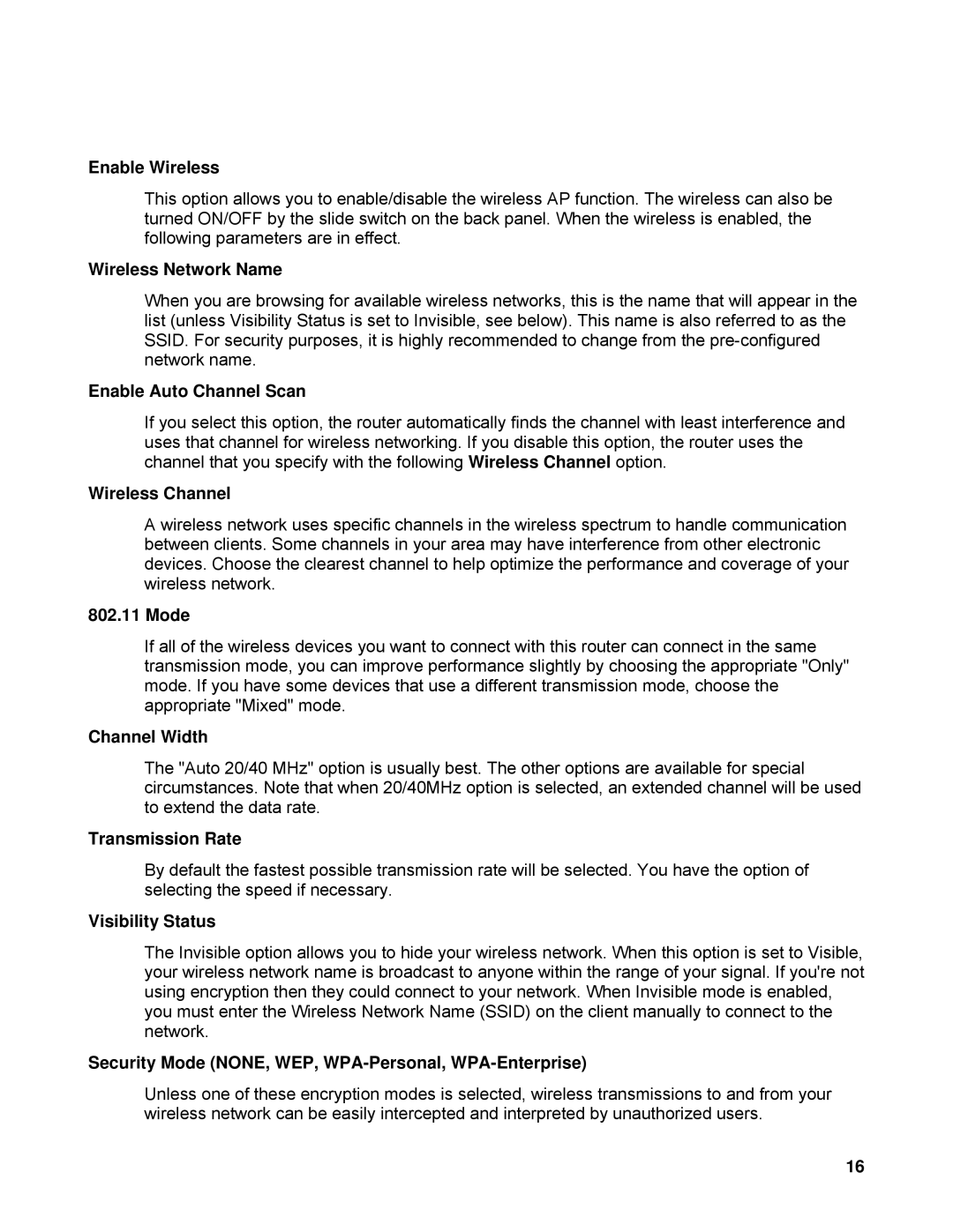 SMC Networks SMCWBR14-N2 manual Enable Wireless, Wireless Network Name, Enable Auto Channel Scan, Wireless Channel, Mode 