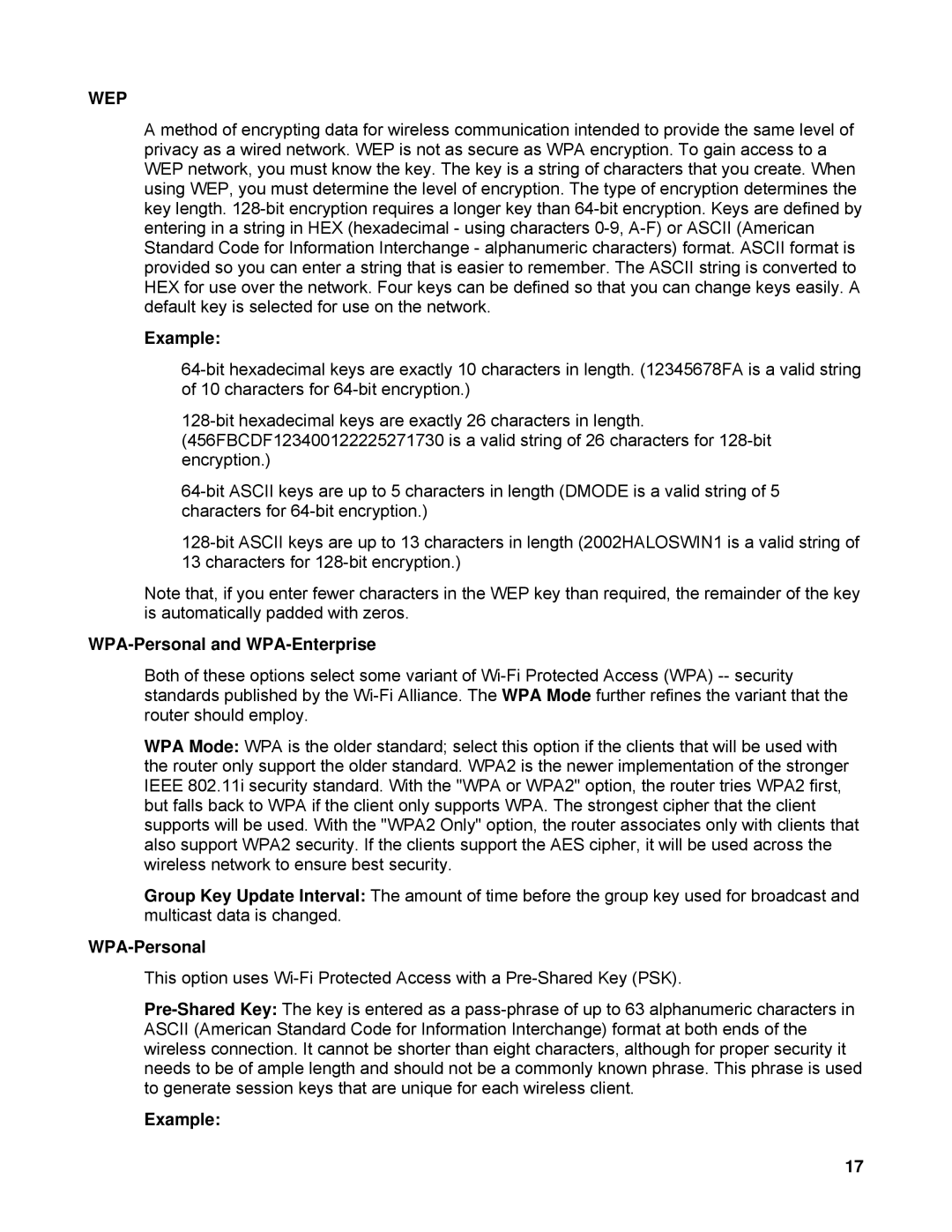 SMC Networks SMCWBR14-N2 manual Wep, Example, WPA-Personal and WPA-Enterprise 