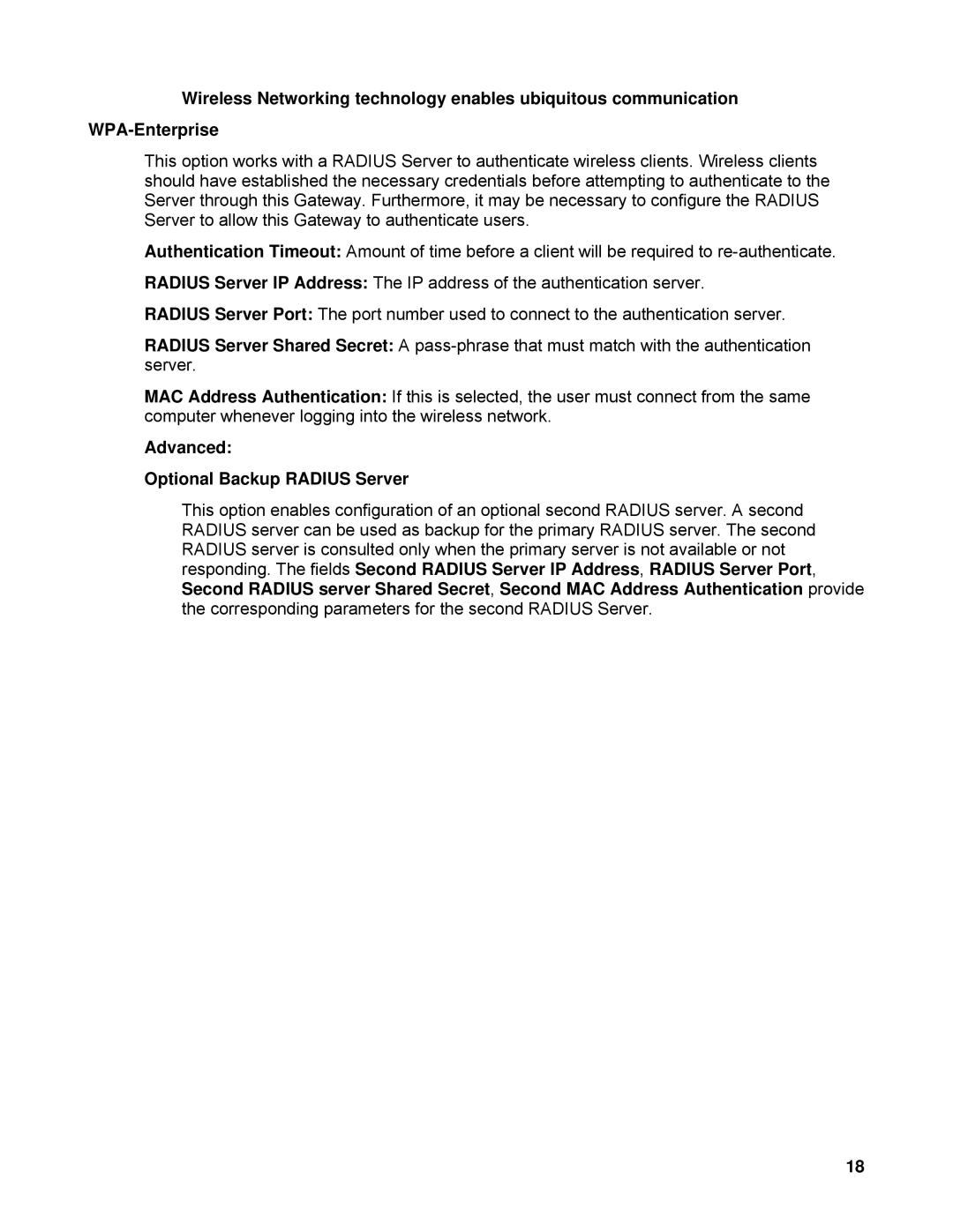 SMC Networks SMCWBR14-N2 manual Advanced Optional Backup Radius Server 