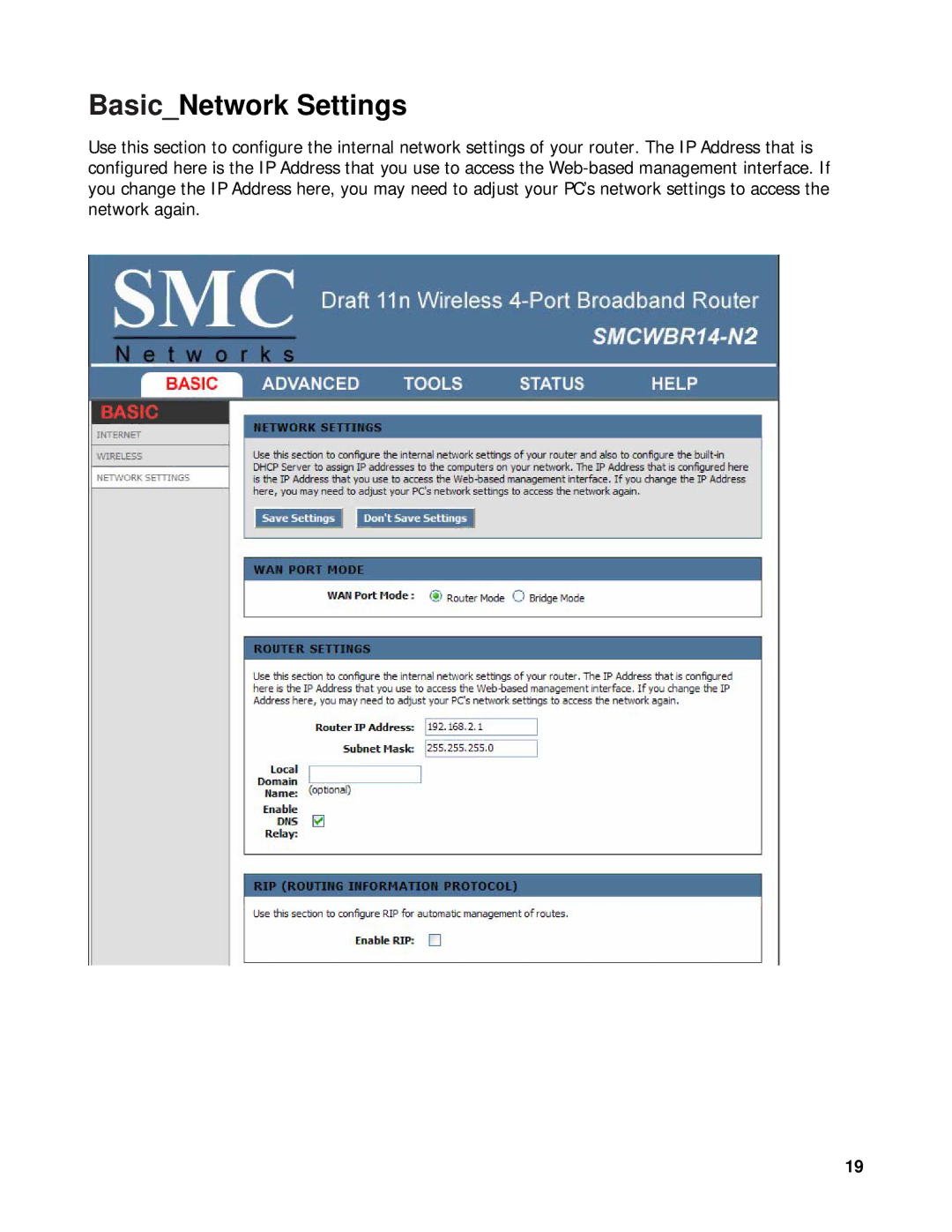 SMC Networks SMCWBR14-N2 manual BasicNetwork Settings 