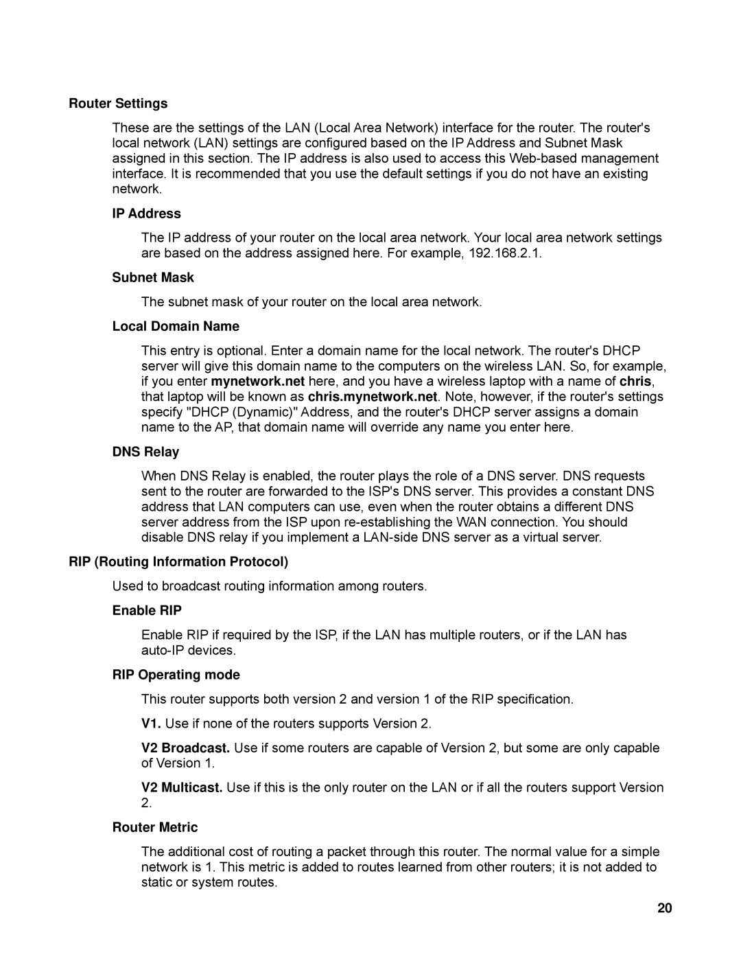 SMC Networks SMCWBR14-N2 Router Settings, IP Address, Subnet Mask, Local Domain Name, DNS Relay, Enable RIP, Router Metric 