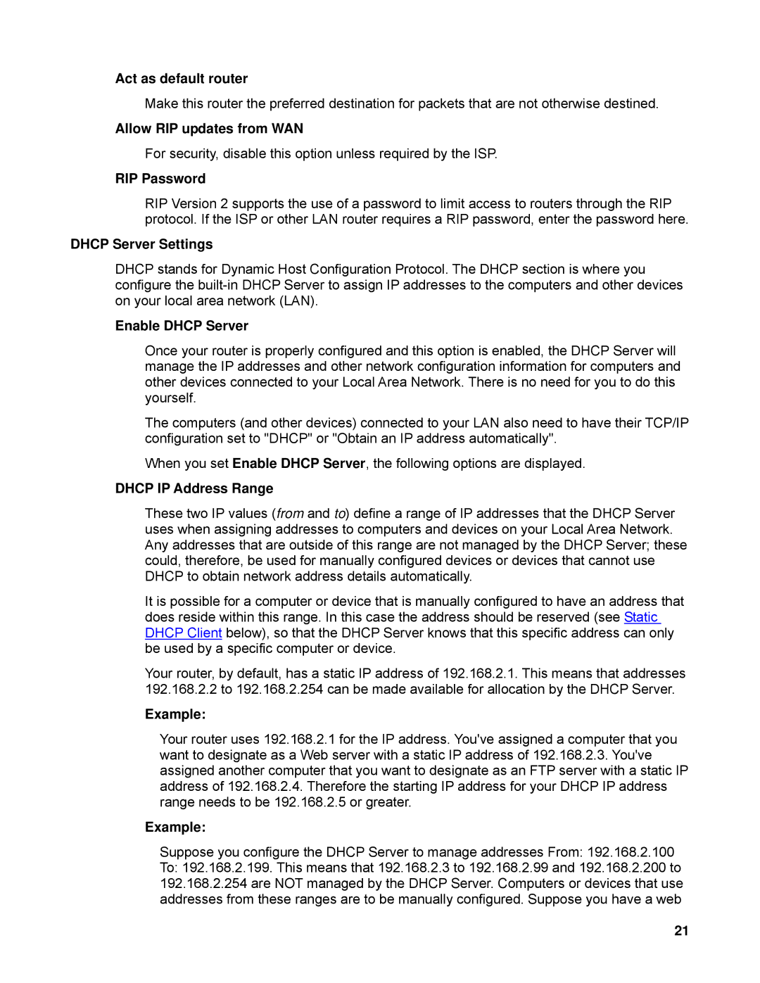 SMC Networks SMCWBR14-N2 manual Act as default router, Allow RIP updates from WAN, RIP Password, Dhcp Server Settings 