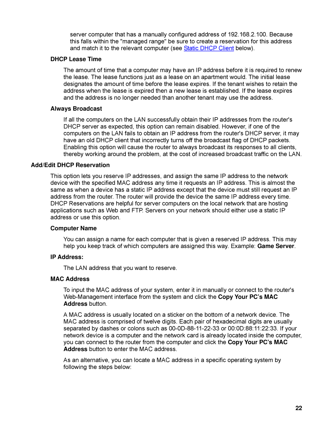 SMC Networks SMCWBR14-N2 manual Dhcp Lease Time, Always Broadcast, Add/Edit Dhcp Reservation, Computer Name, MAC Address 