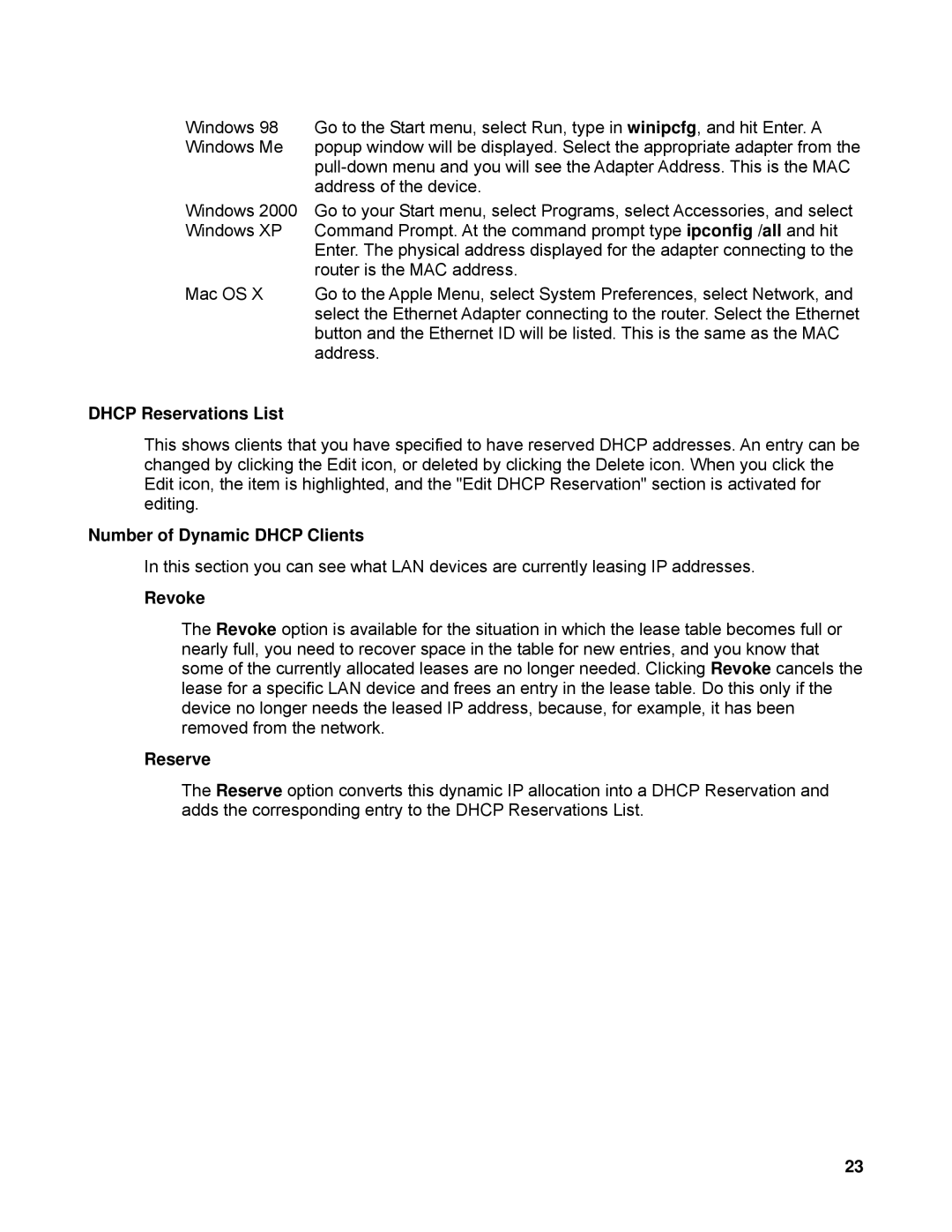 SMC Networks SMCWBR14-N2 manual Dhcp Reservations List, Number of Dynamic Dhcp Clients, Revoke, Reserve 