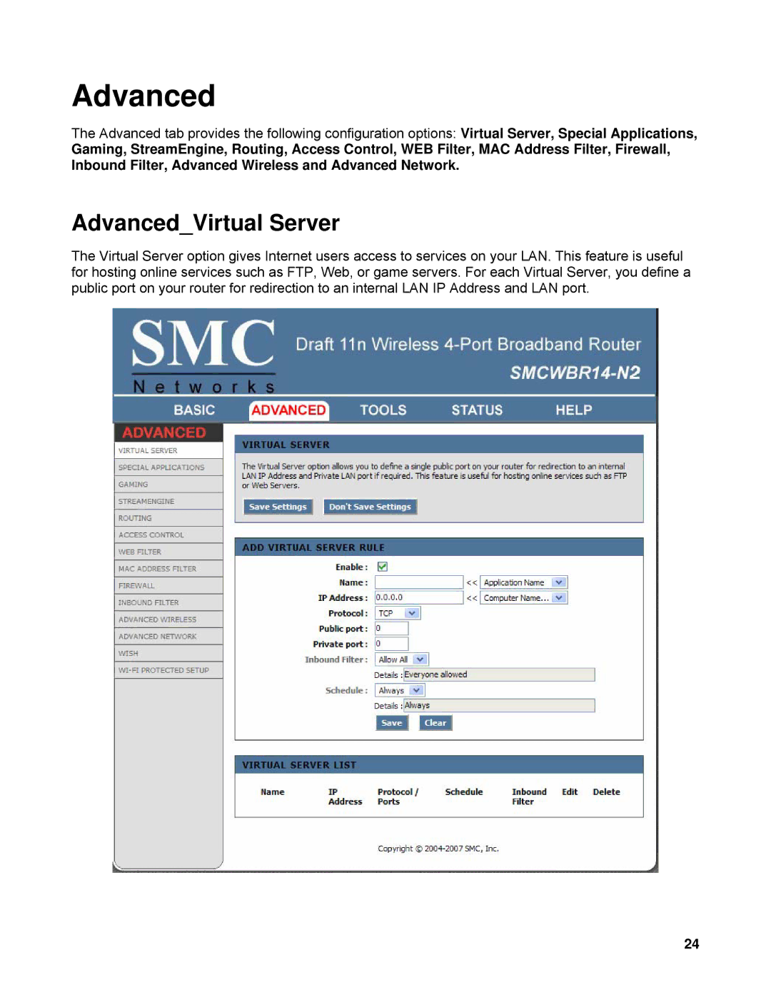 SMC Networks SMCWBR14-N2 manual AdvancedVirtual Server 