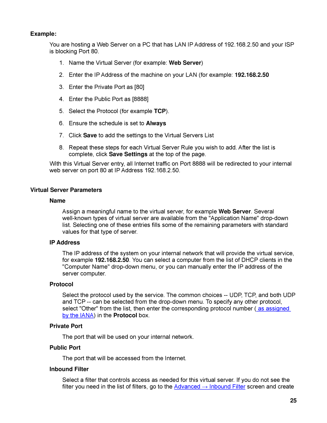 SMC Networks SMCWBR14-N2 manual Virtual Server Parameters Name, Protocol, Private Port, Public Port, Inbound Filter 