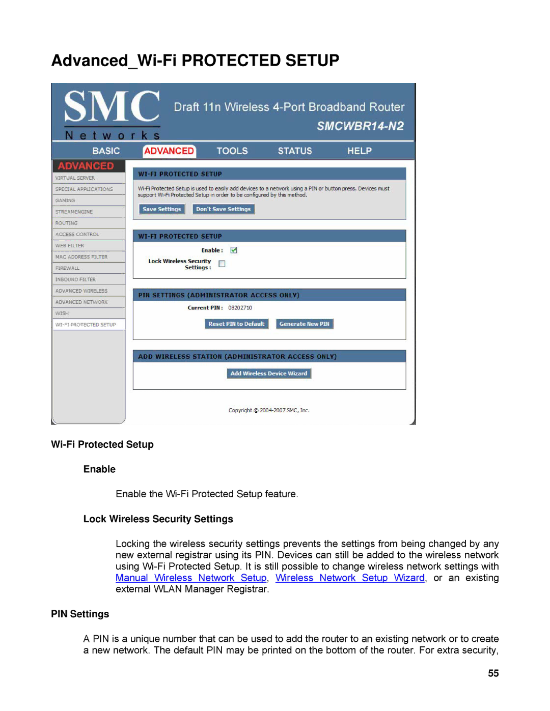 SMC Networks SMCWBR14-N2 AdvancedWi-Fi Protected Setup, Wi-Fi Protected Setup Enable, Lock Wireless Security Settings 