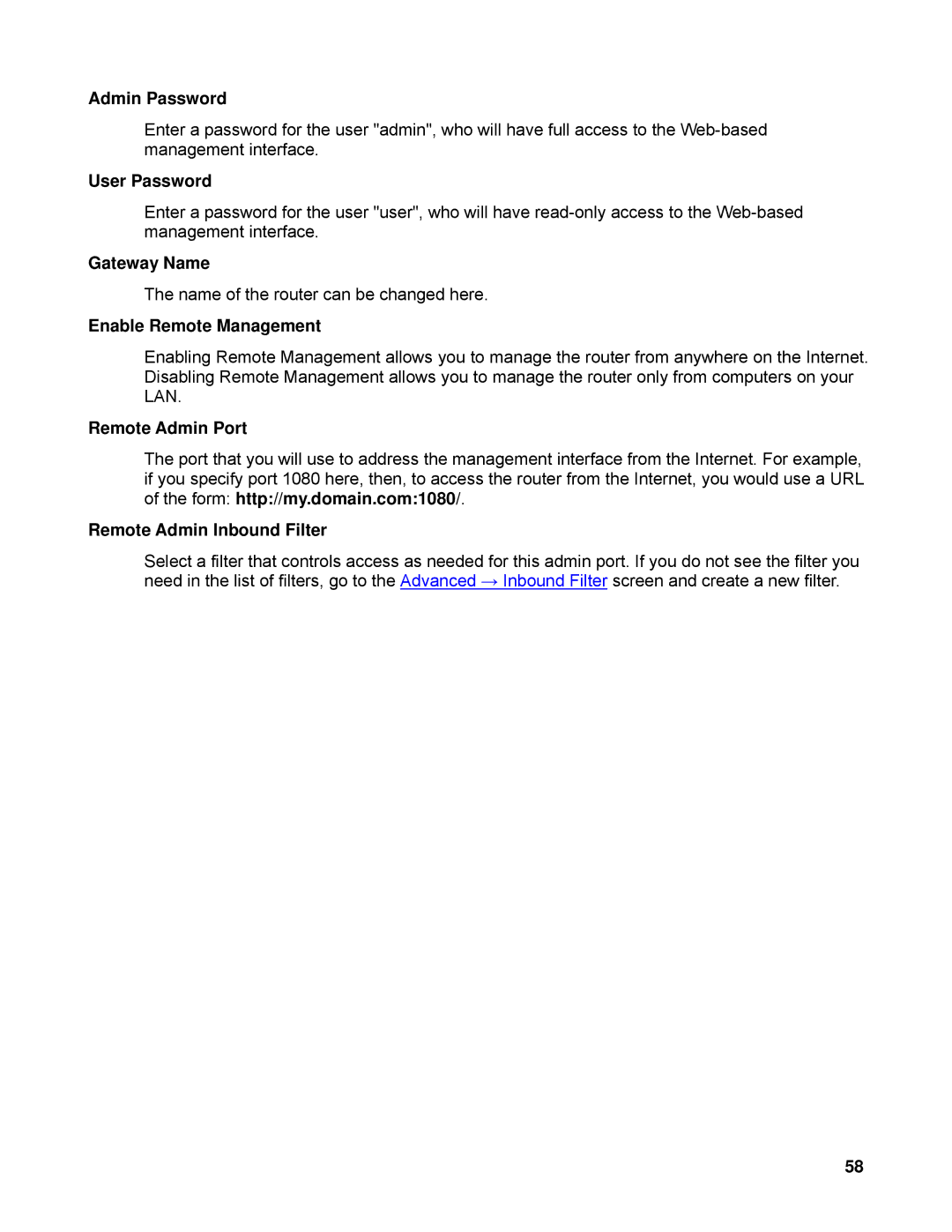 SMC Networks SMCWBR14-N2 manual Admin Password, User Password, Gateway Name, Enable Remote Management, Remote Admin Port 