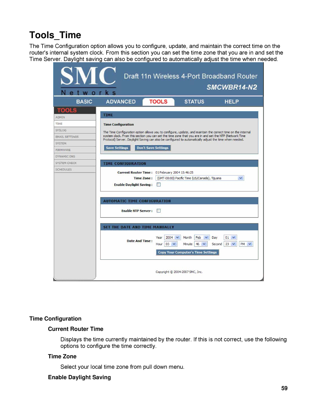 SMC Networks SMCWBR14-N2 manual ToolsTime, Time Configuration Current Router Time, Time Zone, Enable Daylight Saving 