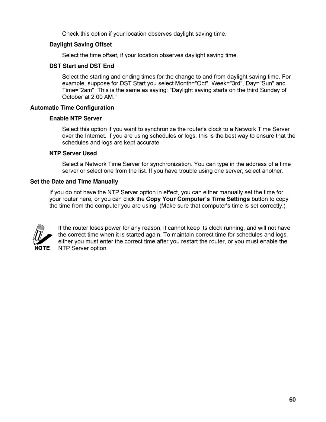 SMC Networks SMCWBR14-N2 Daylight Saving Offset, DST Start and DST End, Automatic Time Configuration Enable NTP Server 