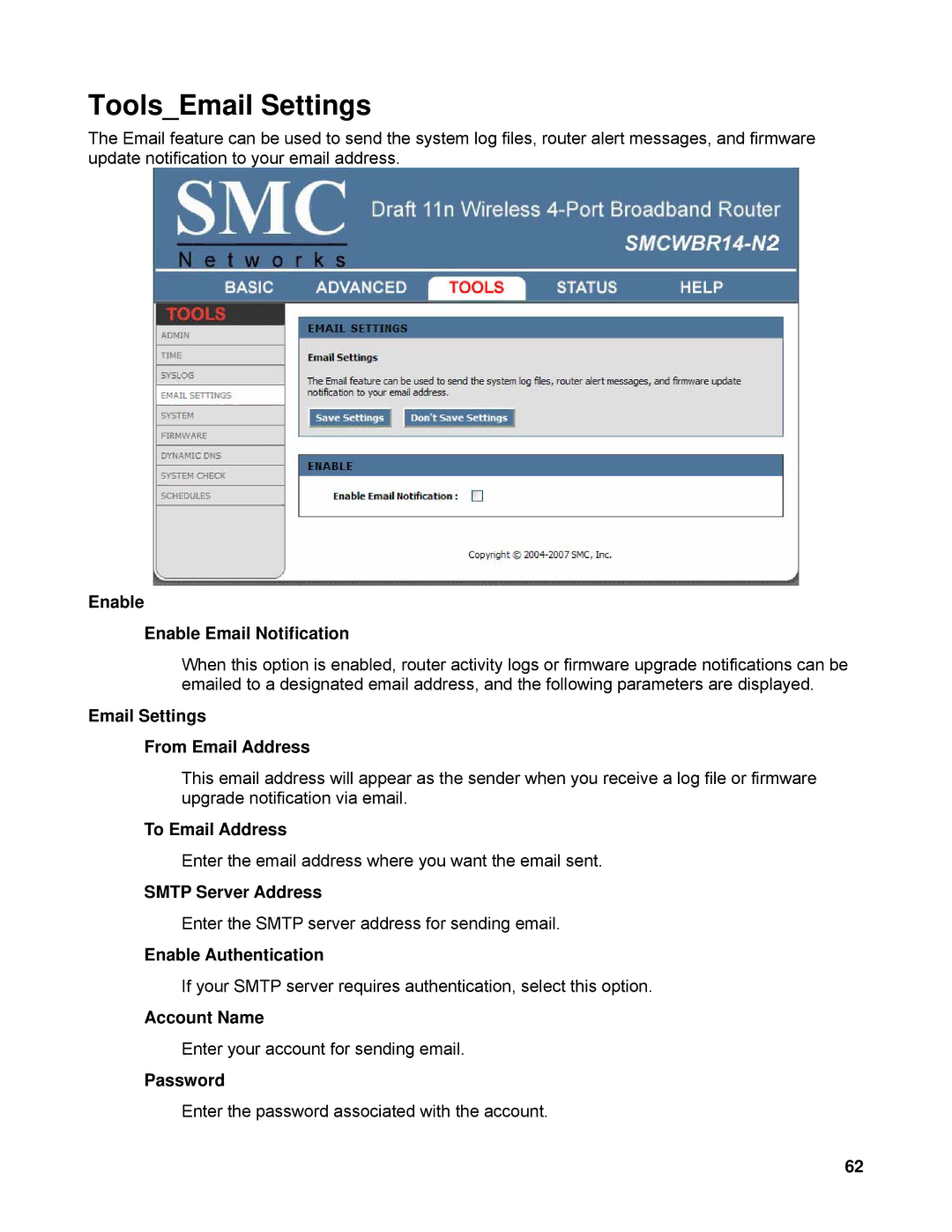 SMC Networks SMCWBR14-N2 manual ToolsEmail Settings 