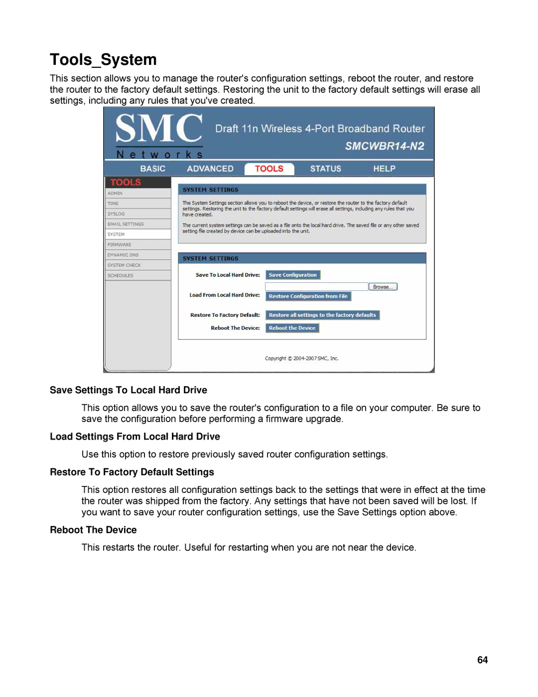 SMC Networks SMCWBR14-N2 manual ToolsSystem, Save Settings To Local Hard Drive, Load Settings From Local Hard Drive 