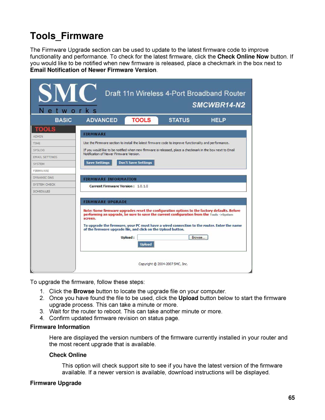 SMC Networks SMCWBR14-N2 manual ToolsFirmware, Firmware Information, Check Online, Firmware Upgrade 