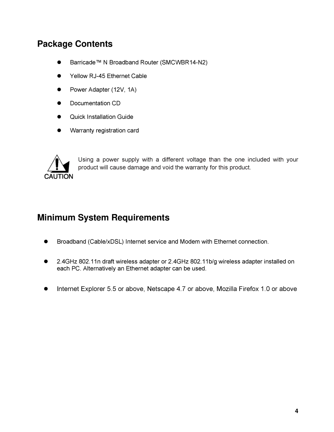 SMC Networks SMCWBR14-N2 manual Package Contents 