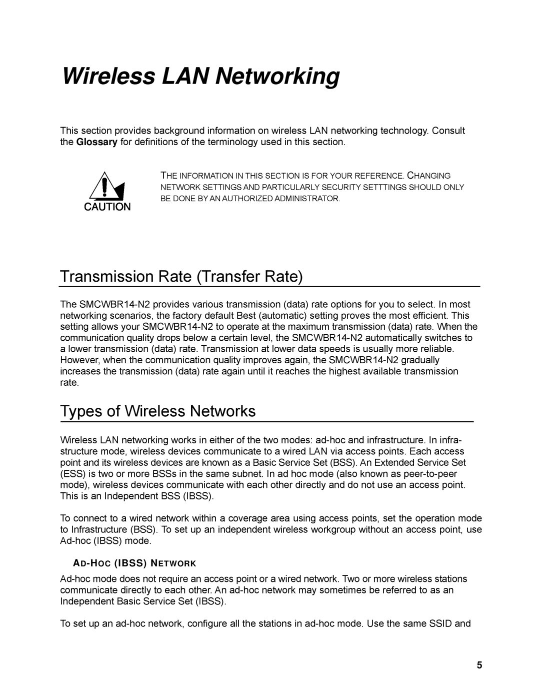 SMC Networks SMCWBR14-N2 manual Wireless LAN Networking, AD-HOCIBSS Network 