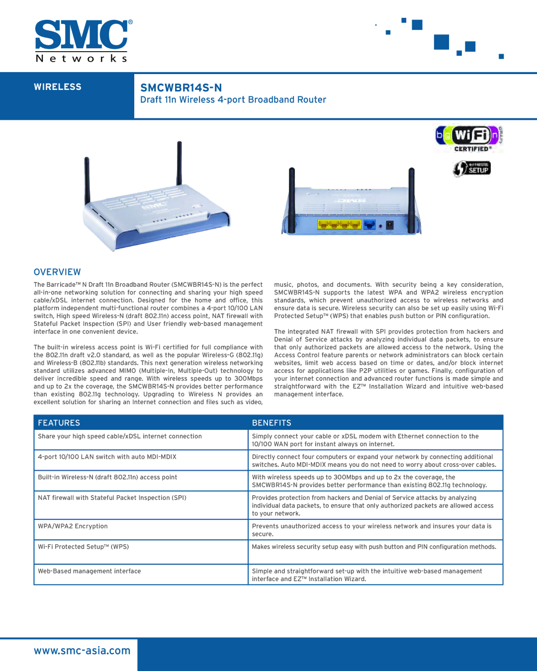 SMC Networks manual WIRELESSSMCWBR14S-N, Features Benefits 