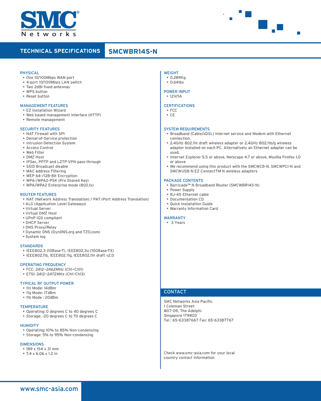 SMC Networks SMCWBR14S-N manual Contact 