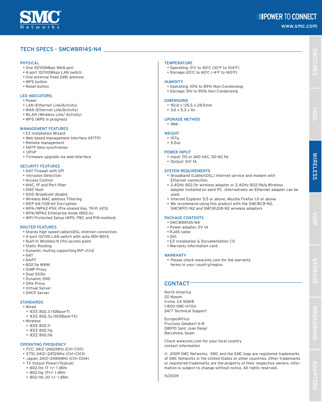 SMC Networks manual Tech Specs SMCWBR14S-N4, Contact 