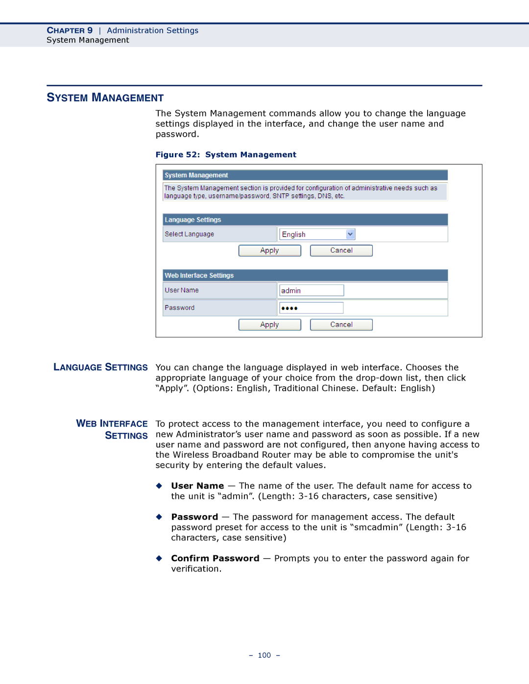 SMC Networks SMCWBR14S-N4 manual System Management, Language Settings WEB Interface Settings 