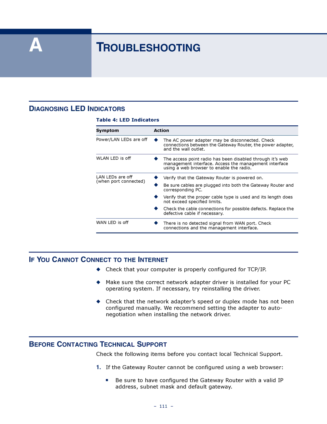 SMC Networks SMCWBR14S-N4 manual Troubleshooting, Diagnosing LED Indicators, If YOU Cannot Connect to the Internet 