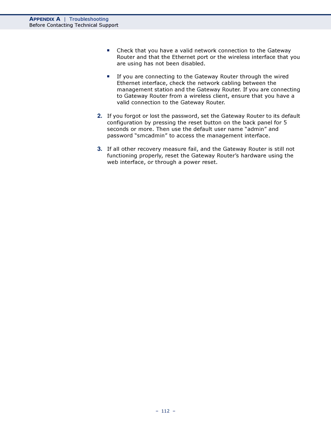 SMC Networks SMCWBR14S-N4 manual Appendix a Troubleshooting 