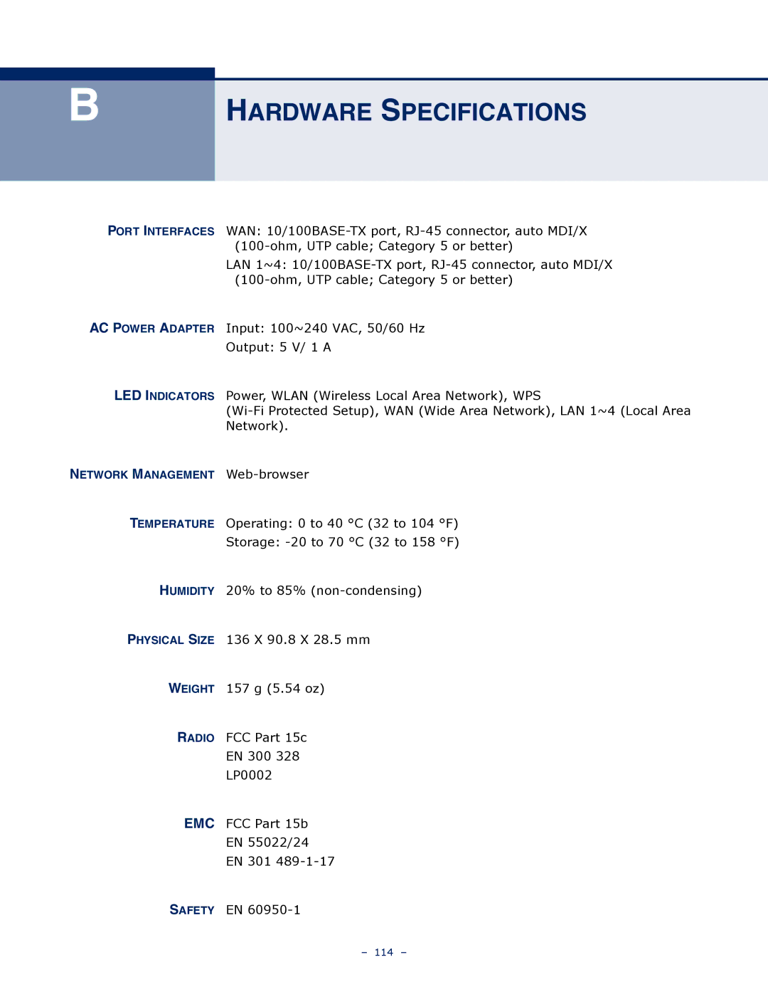 SMC Networks SMCWBR14S-N4 manual Hardware Specifications 