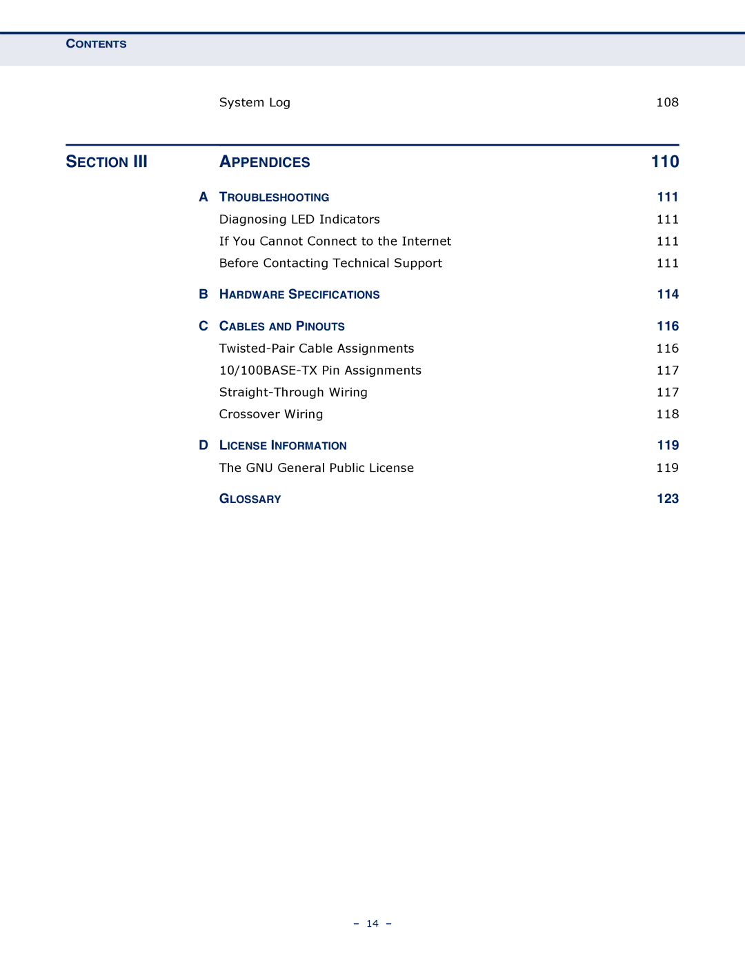 SMC Networks SMCWBR14S-N4 manual 110, Section Appendices 