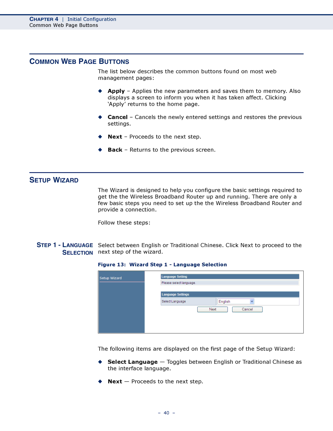 SMC Networks SMCWBR14S-N4 manual Common WEB page Buttons, Setup Wizard 