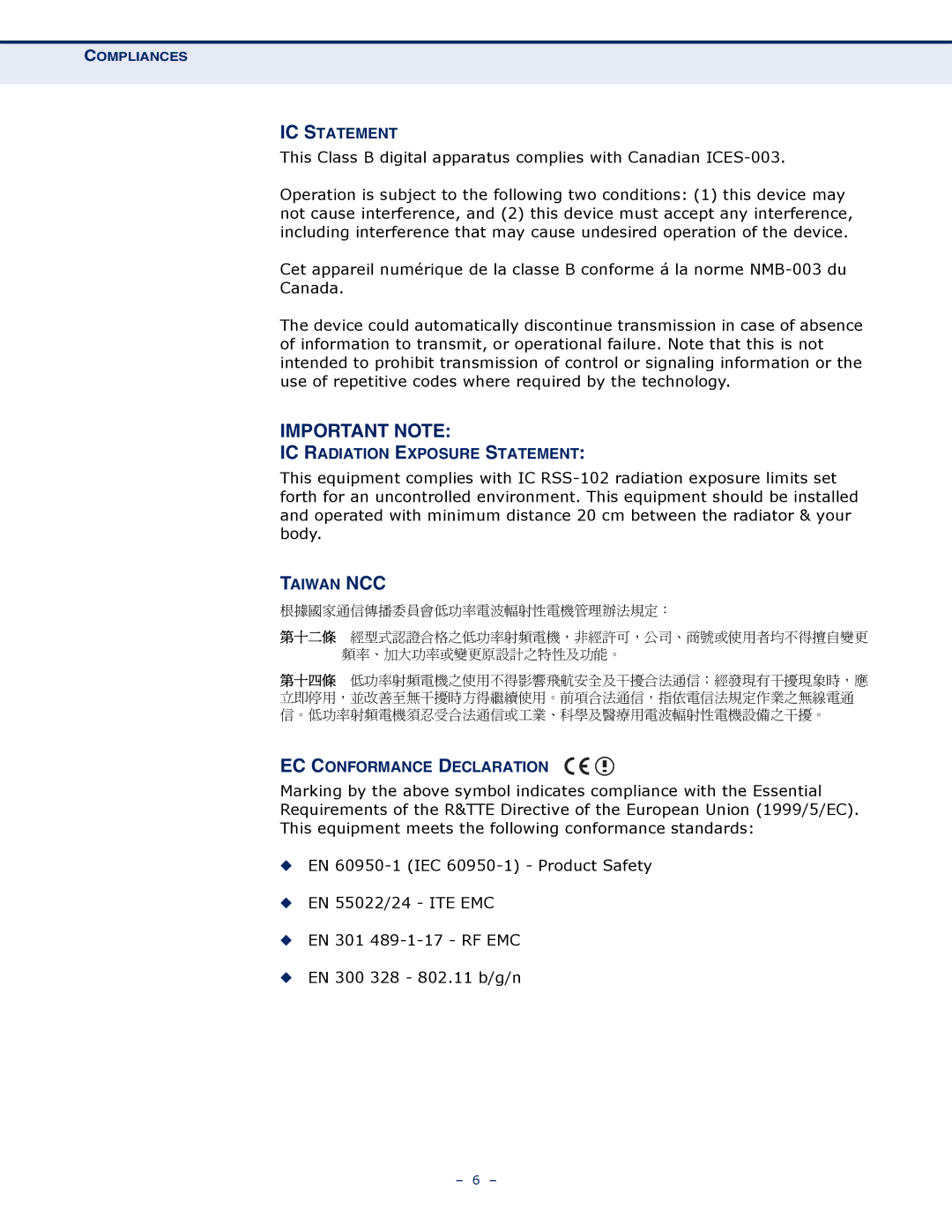 SMC Networks SMCWBR14S-N4 manual IC Statement, IC Radiation Exposure Statement, Taiwan NCC, EC Conformance Declaration 