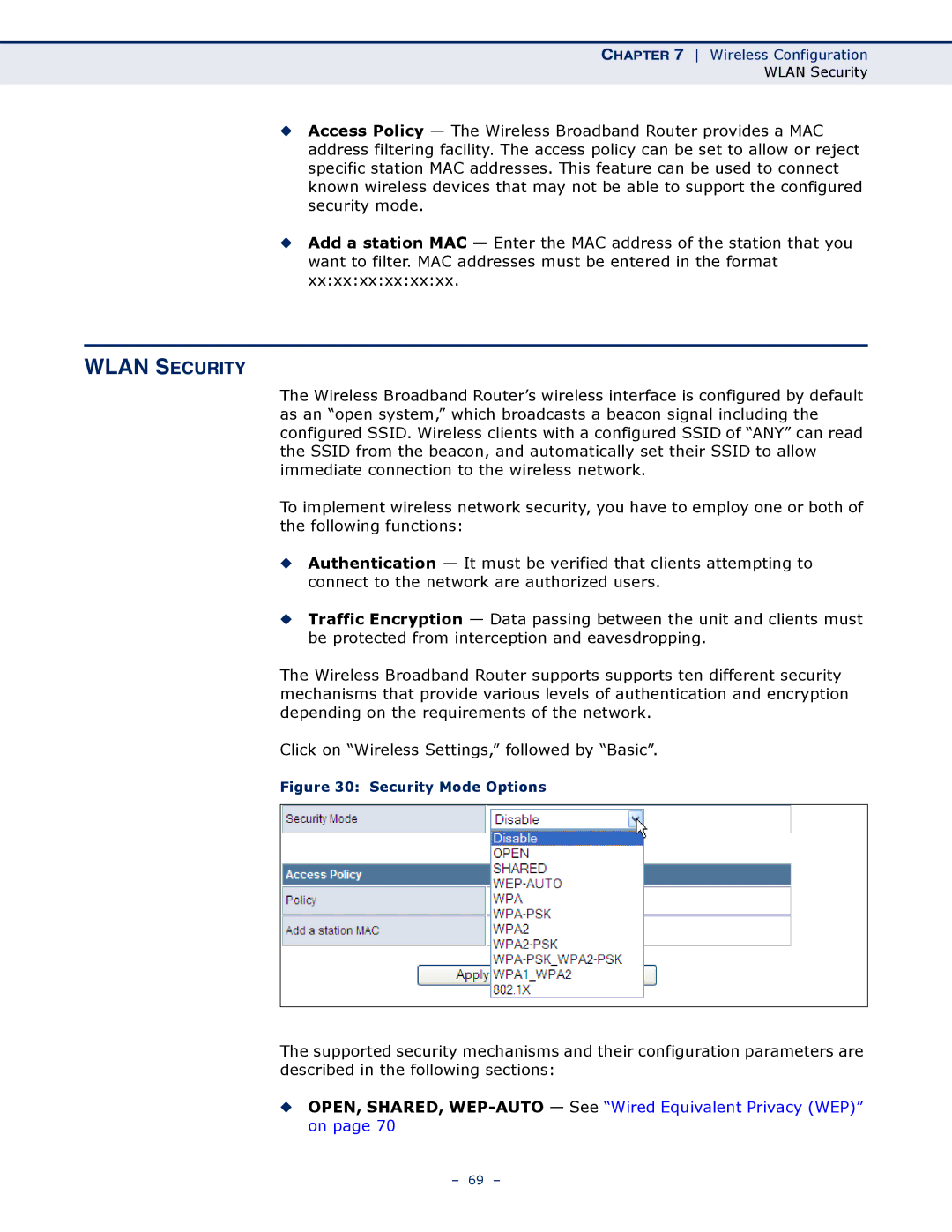 SMC Networks SMCWBR14S-N4 manual Wlan Security, Security Mode Options 