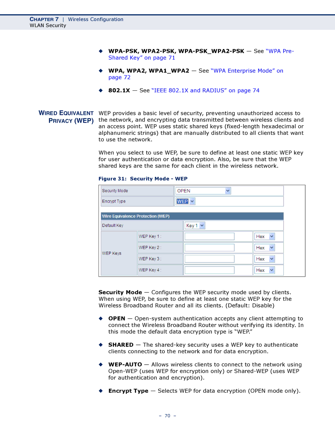 SMC Networks SMCWBR14S-N4 manual Wired Equivalent Privacy WEP, Security Mode WEP 