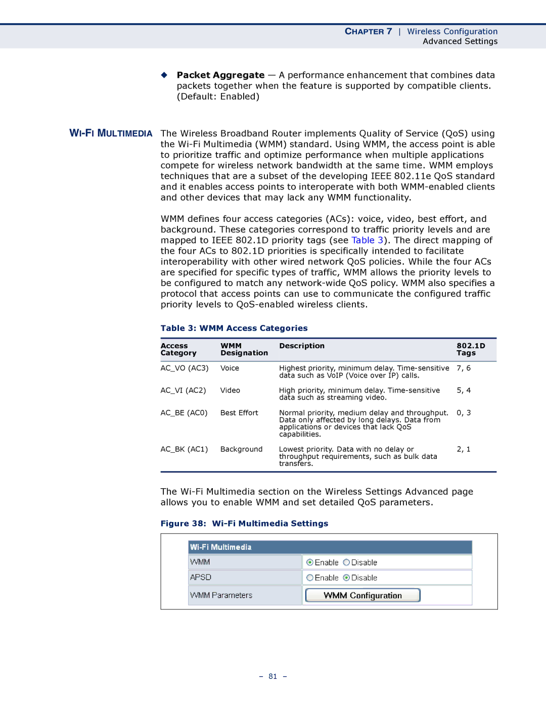 SMC Networks SMCWBR14S-N4 manual Wi-Fi Multimedia Settings 