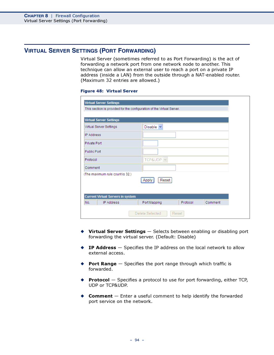 SMC Networks SMCWBR14S-N4 manual Virtual Server Settings Port Forwarding 