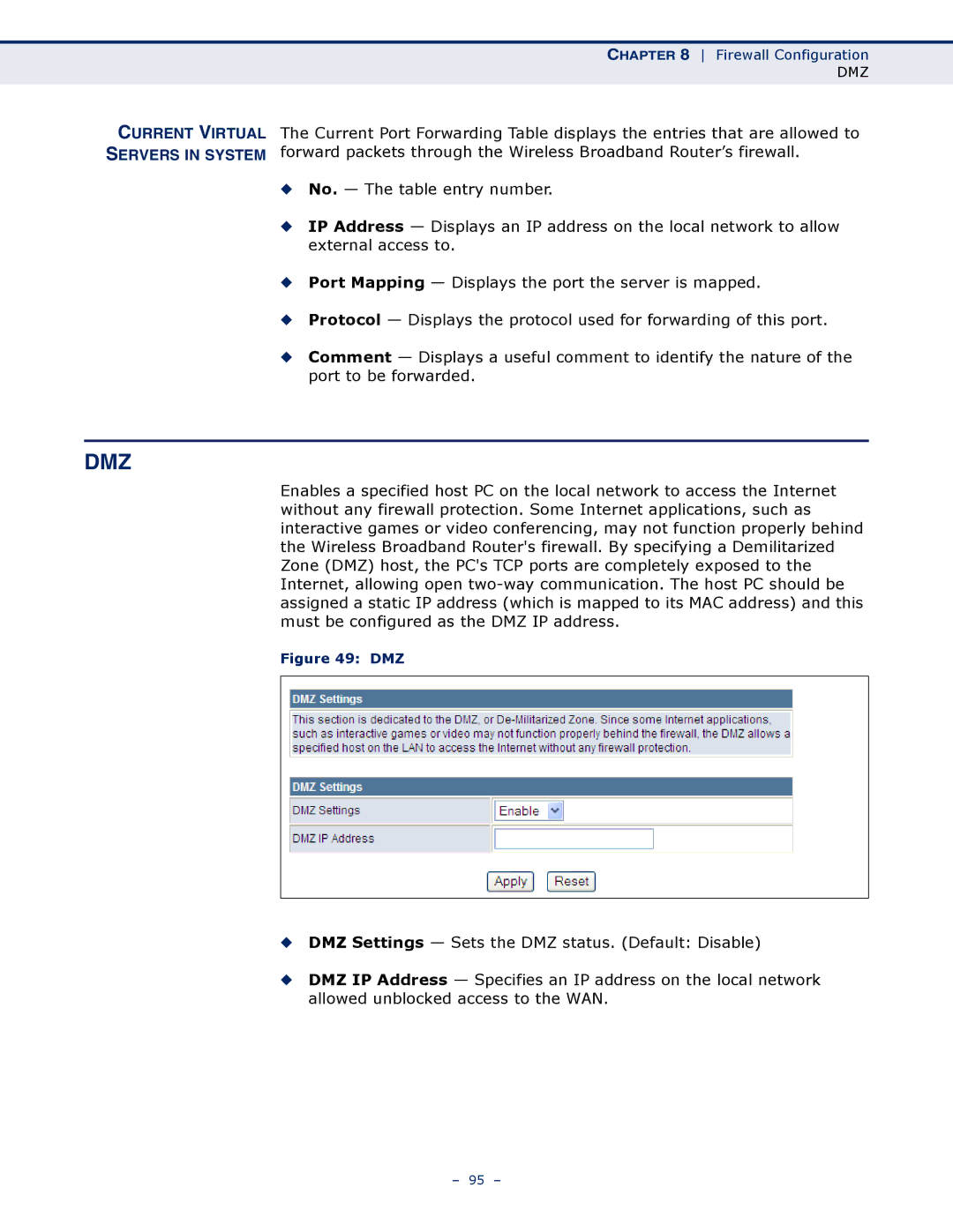 SMC Networks SMCWBR14S-N4 manual Dmz, Current Virtual Servers in System 