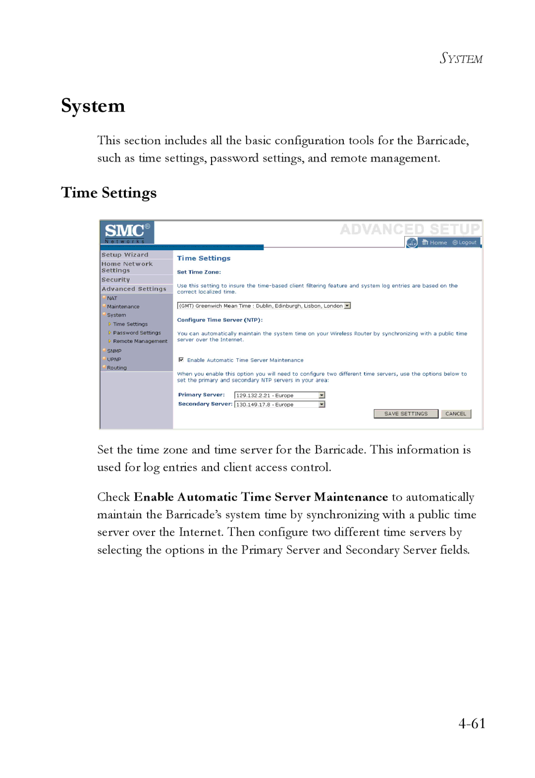 SMC Networks SMCWBR14T-G manual System, Time Settings 