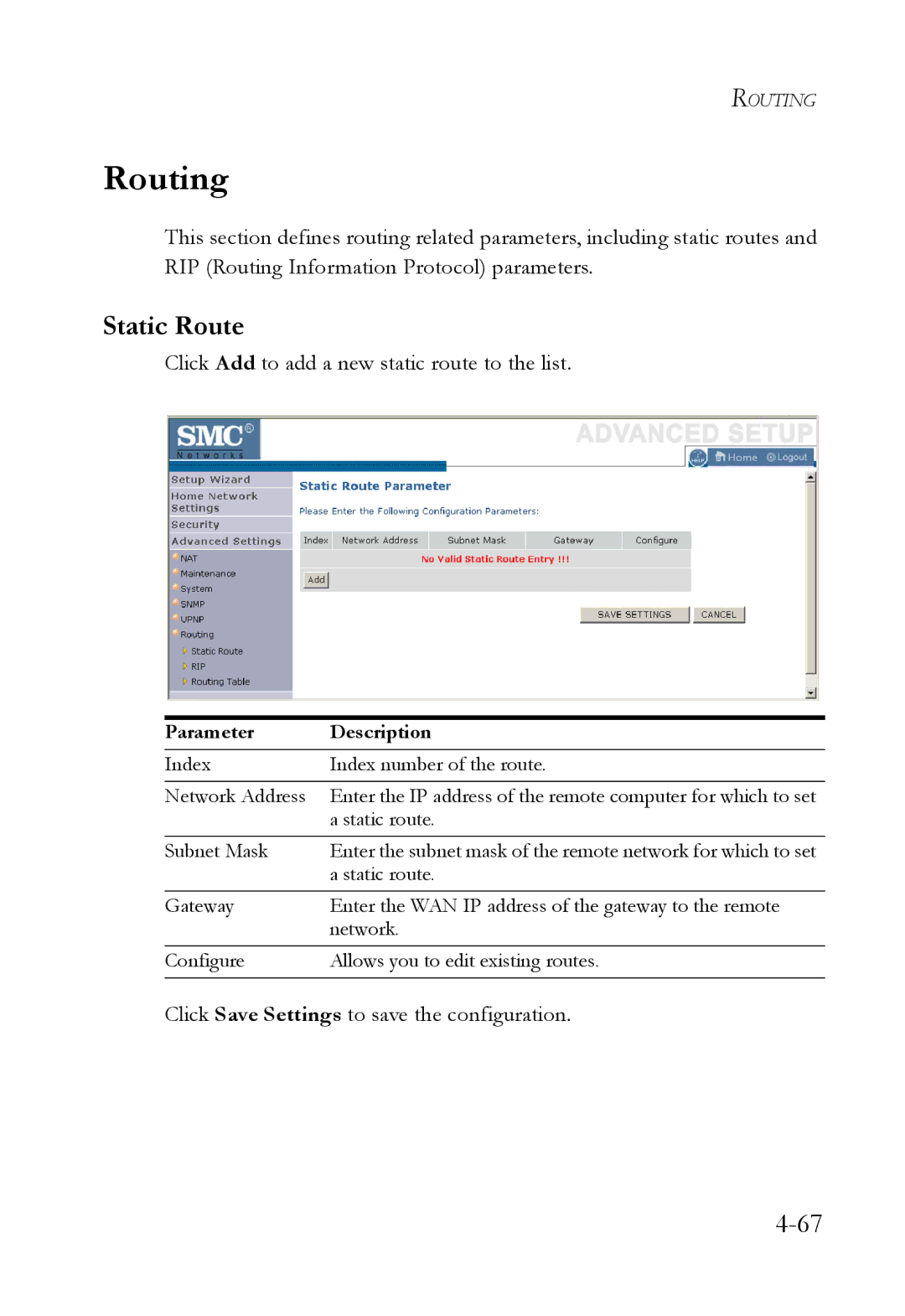 SMC Networks SMCWBR14T-G manual Routing, Static Route 